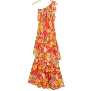 FARM RIO Papayas Red One-Shoulder Tiered Skirt Flowy Tropical Maxi Dress-Size S